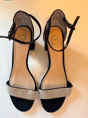 Black Crystal-Embellished Ankle-Strap Heels